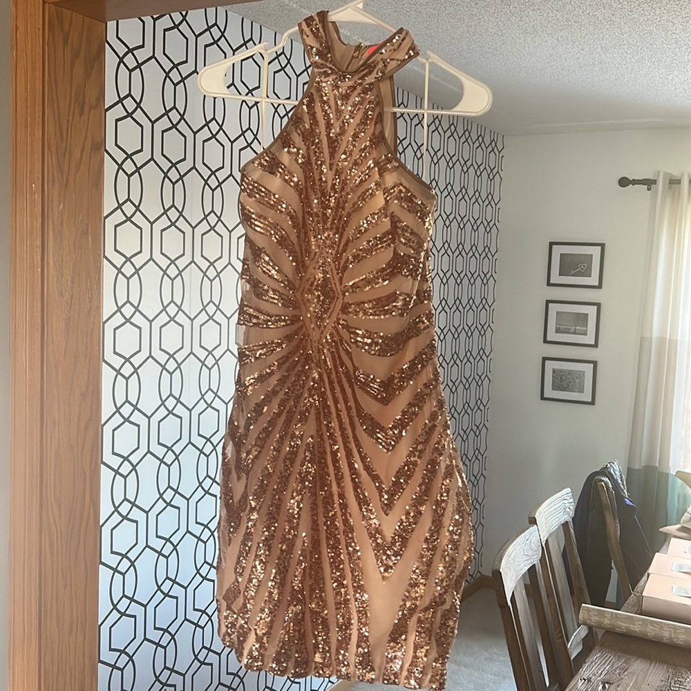Gold sequence high neck mini dress